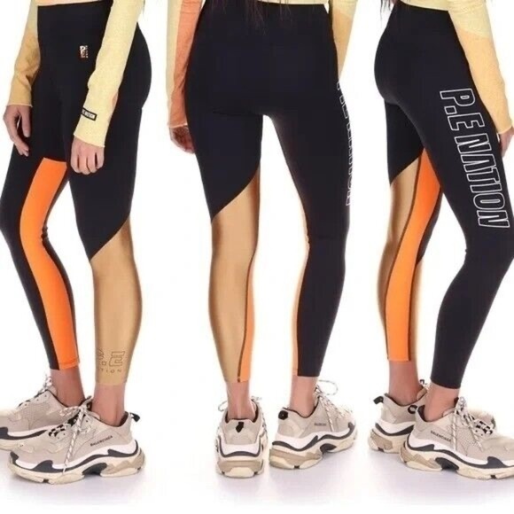 P.E Nation Pants - Sz S P.E NATION Leggings Comeback Colorblock Black Orange Tan Spellout Logo